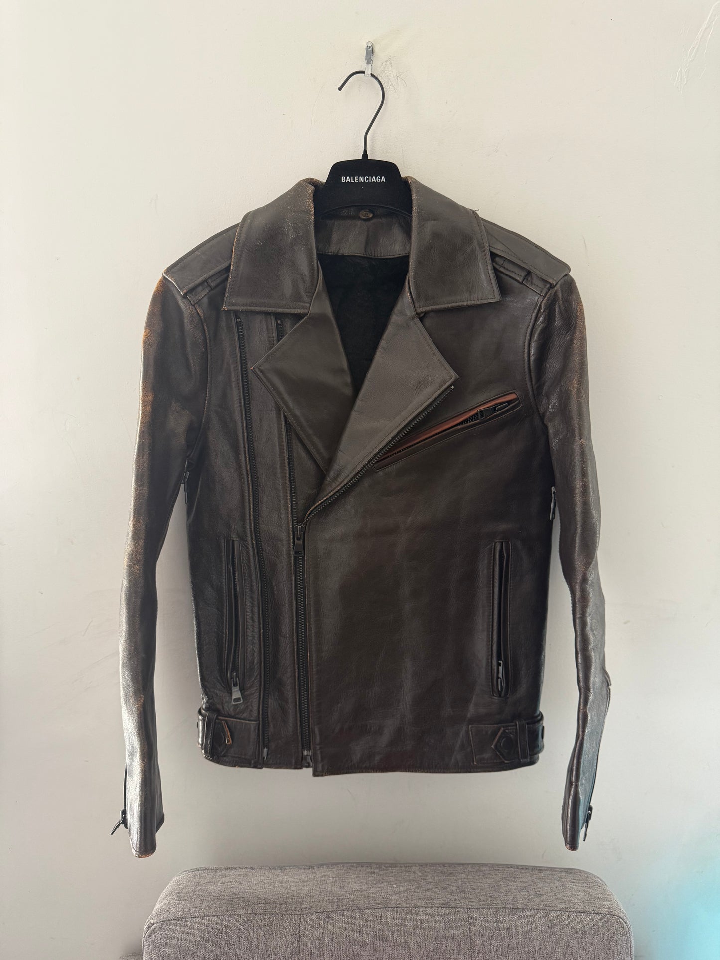 Balmain AW10 fox fur interior horse leather rider jacket