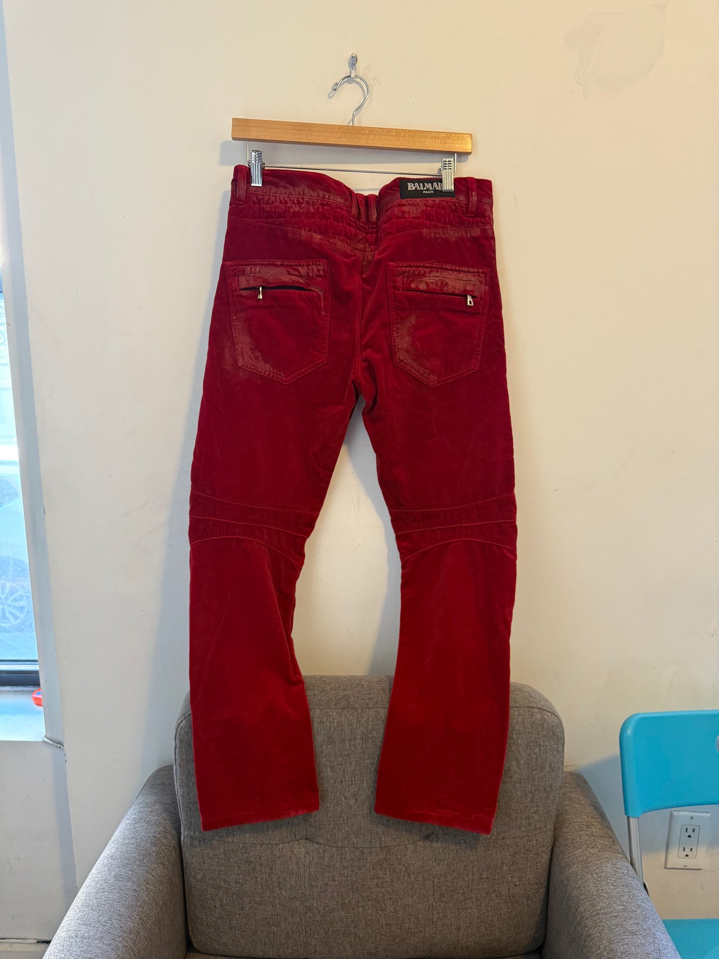 Balmain 12SS waxed red velvet biker pants