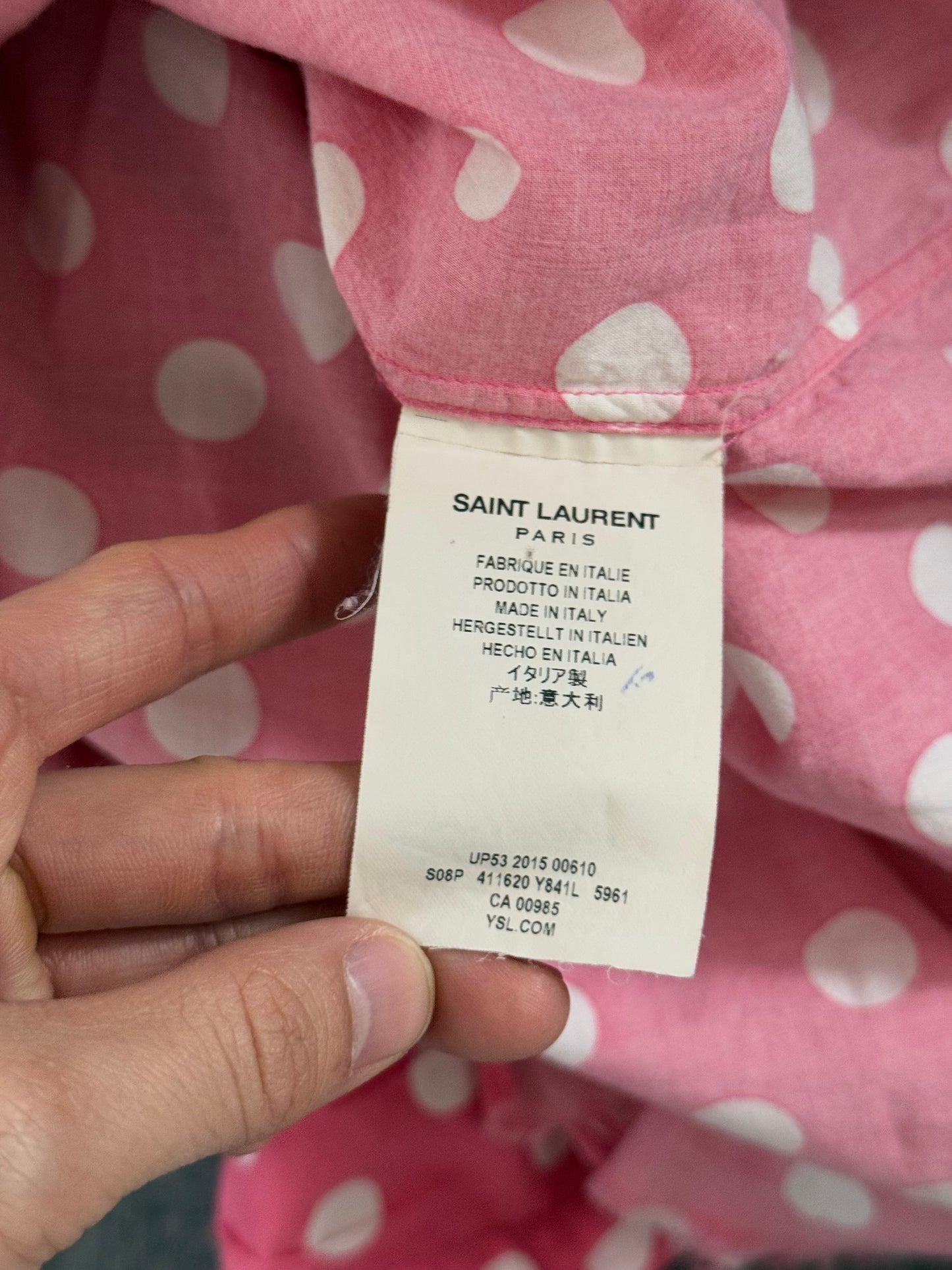 Saint Laurent SS15 pokadot raw hem shirt