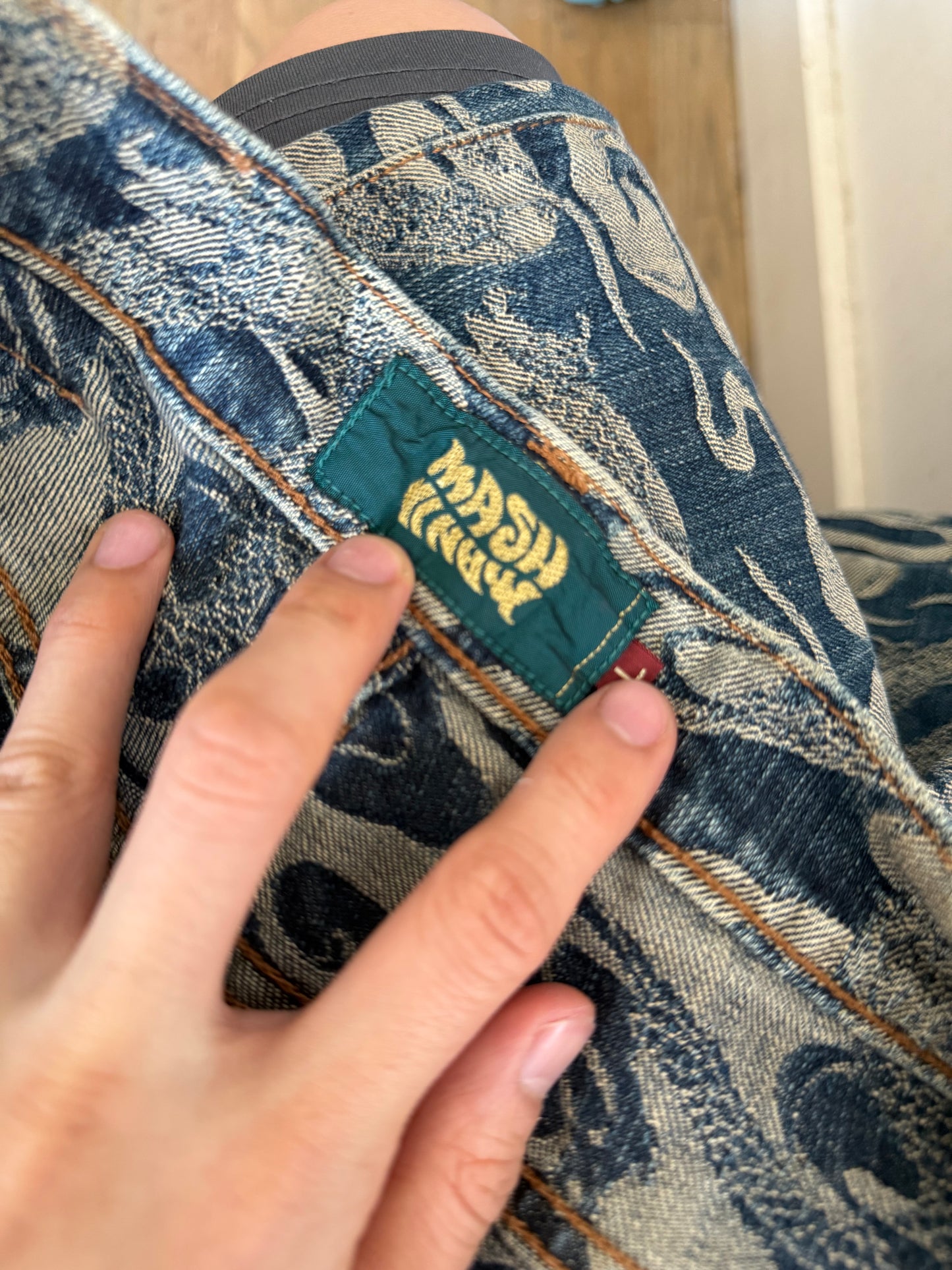 jacquard print all over denim pants