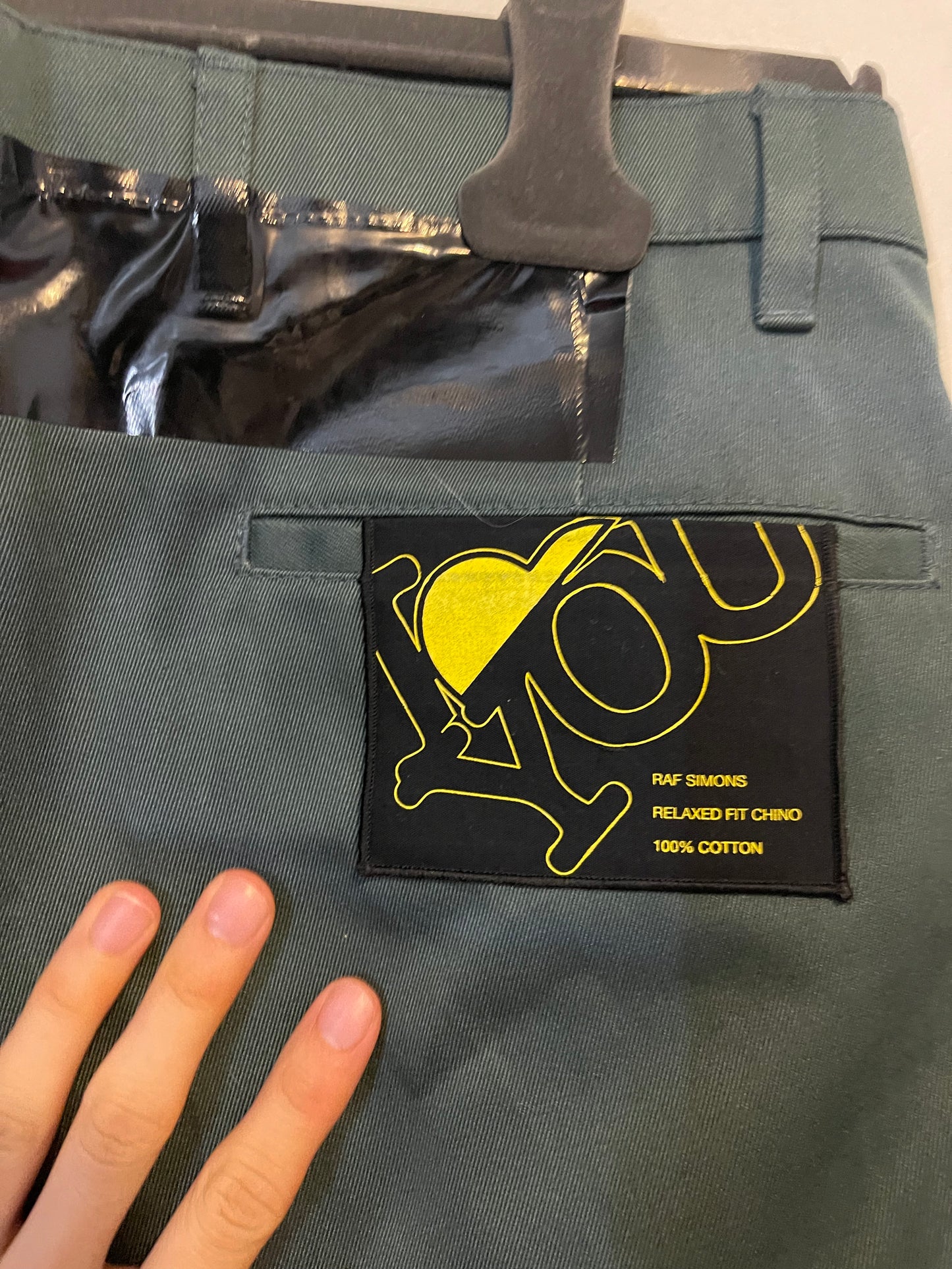 Raf Simons wide chino with tape I love you pants