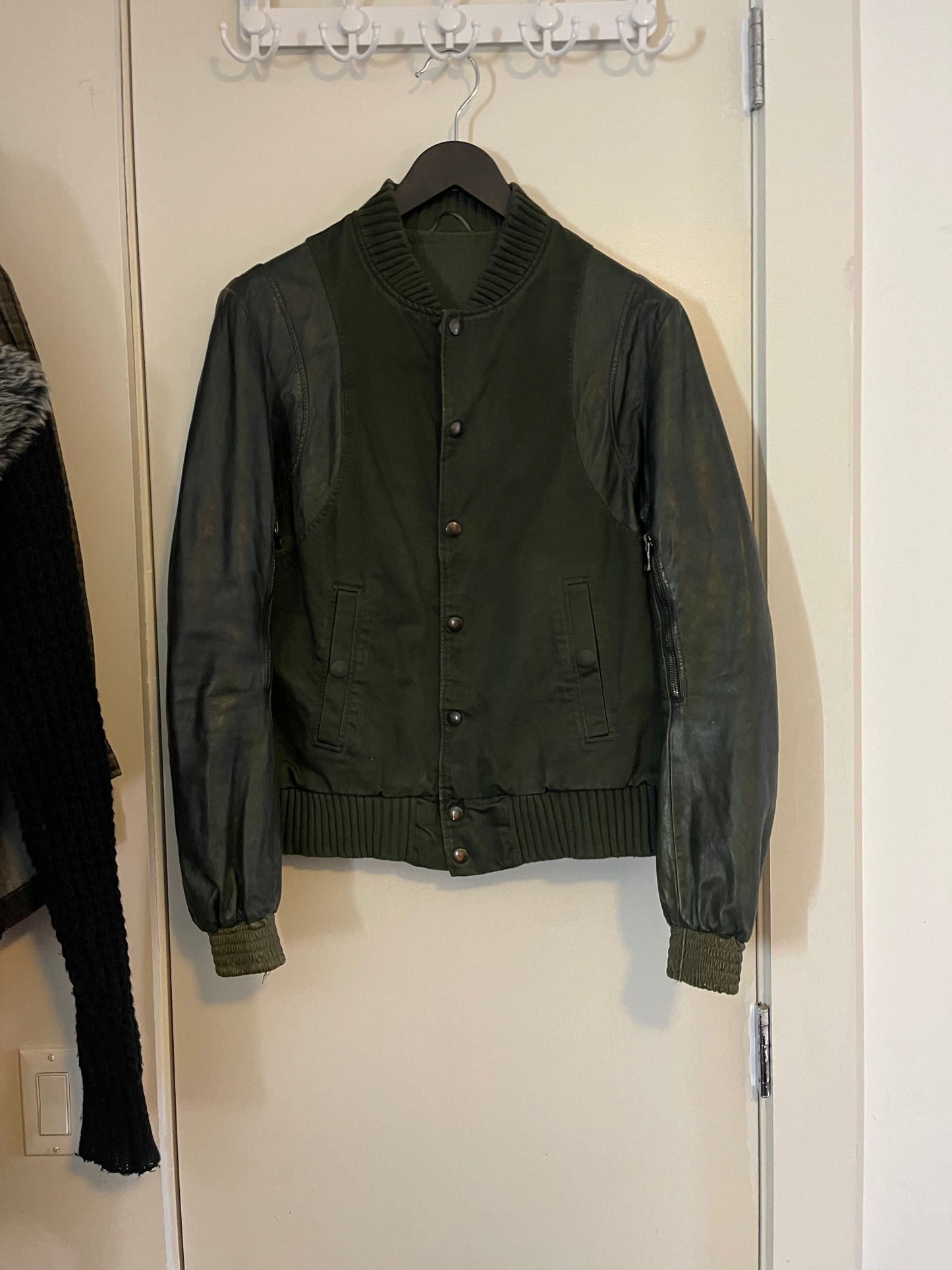 Balmain SS11 green leather wool switching teddy jacket