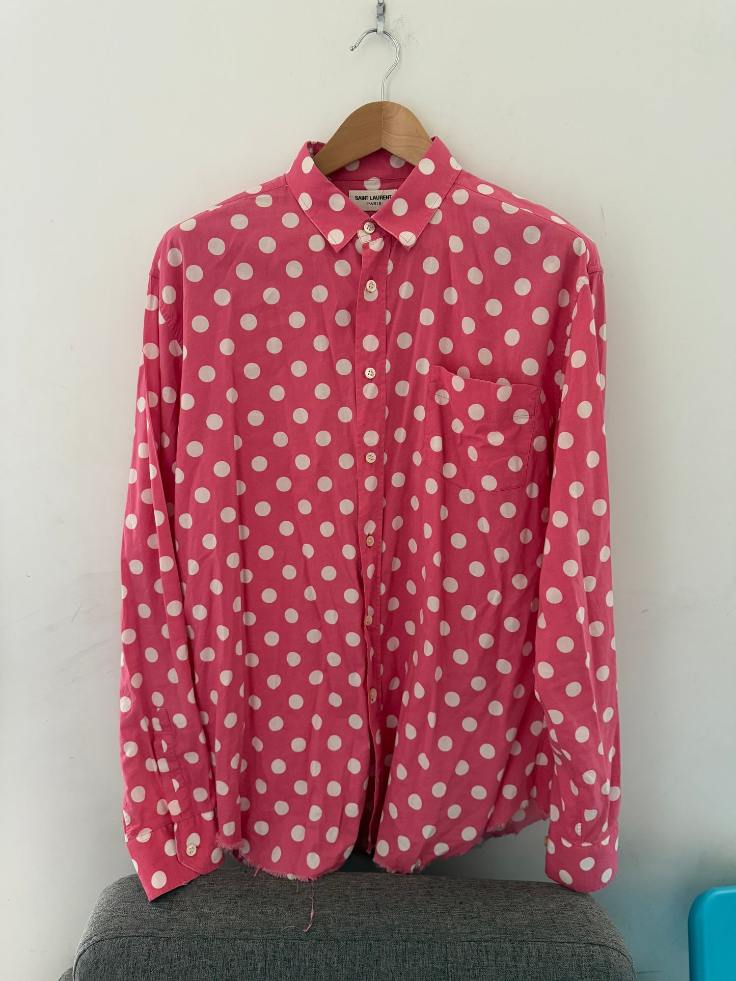 Saint Laurent SS15 pokadot raw hem shirt