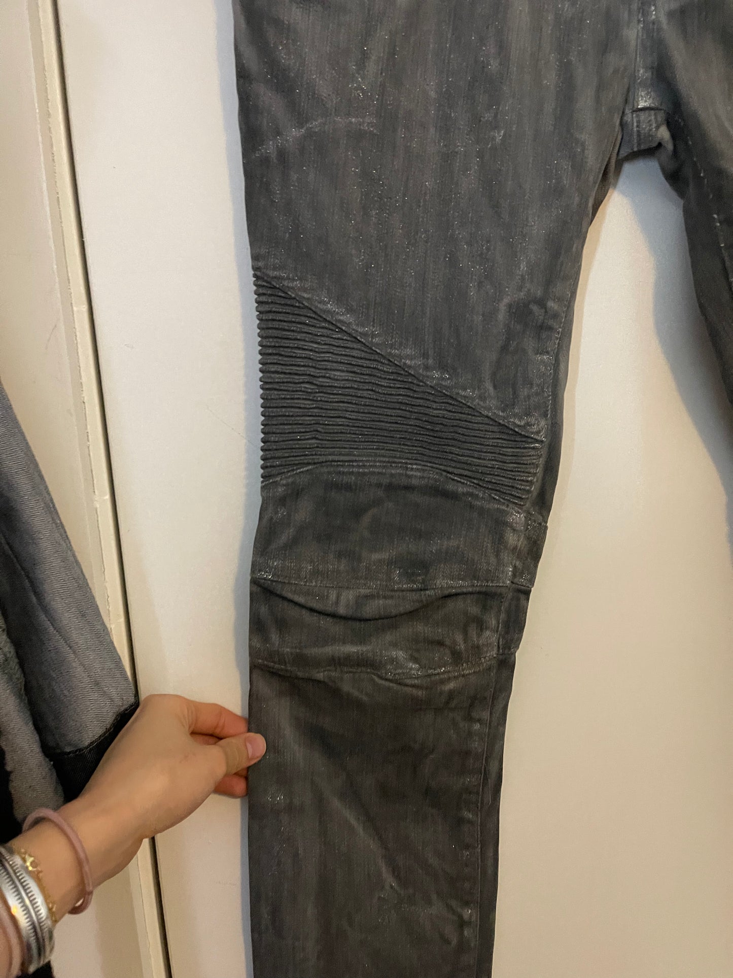 Balmain SS11 silver glitter eagle decarnin moto pants