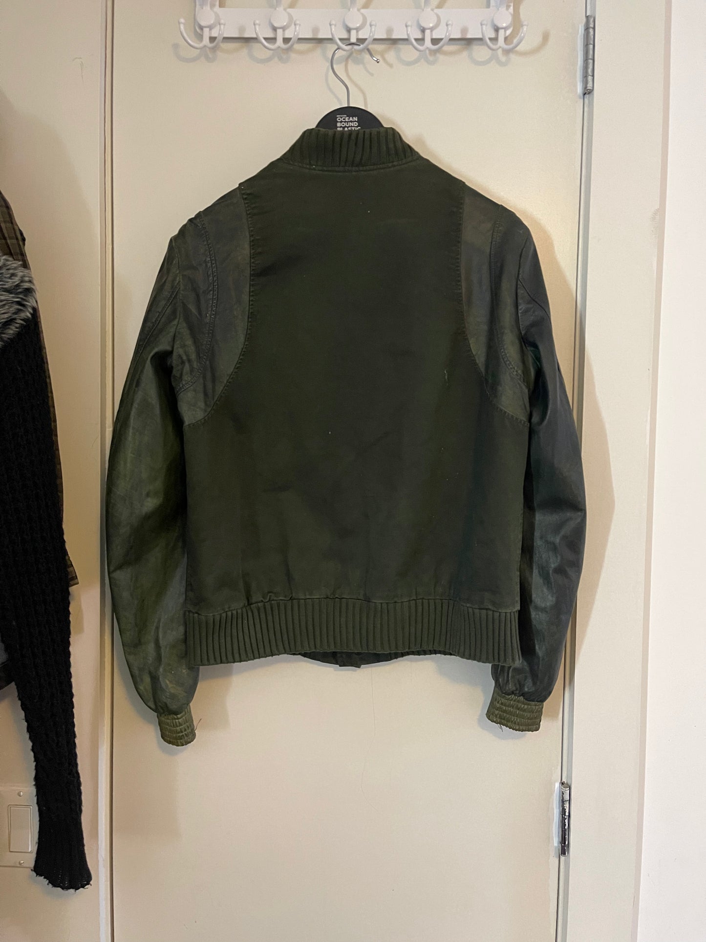 Balmain SS11 green leather wool switching teddy jacket
