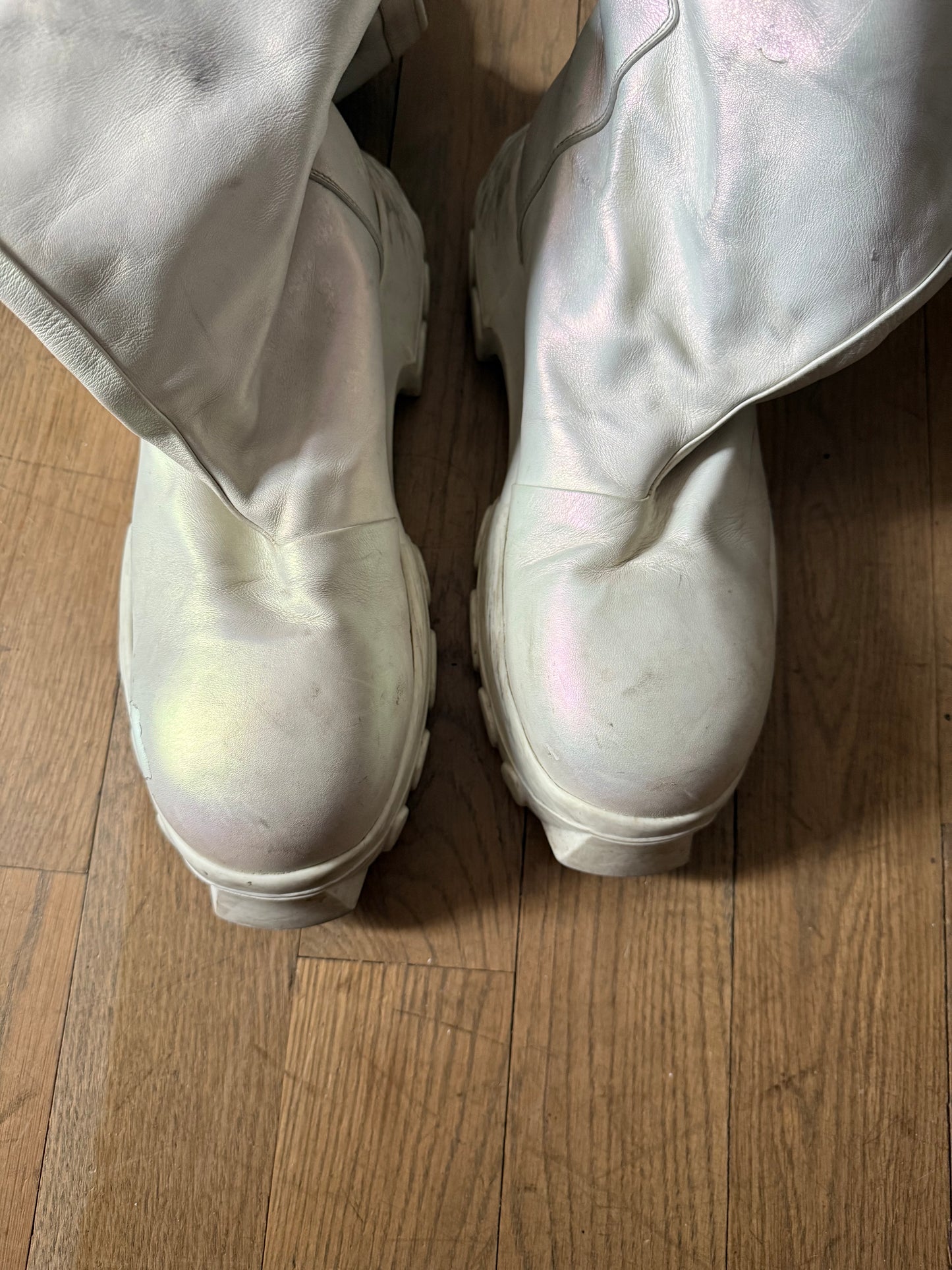 Rick Owens AW20 iridescent sample thigh high tractor boots