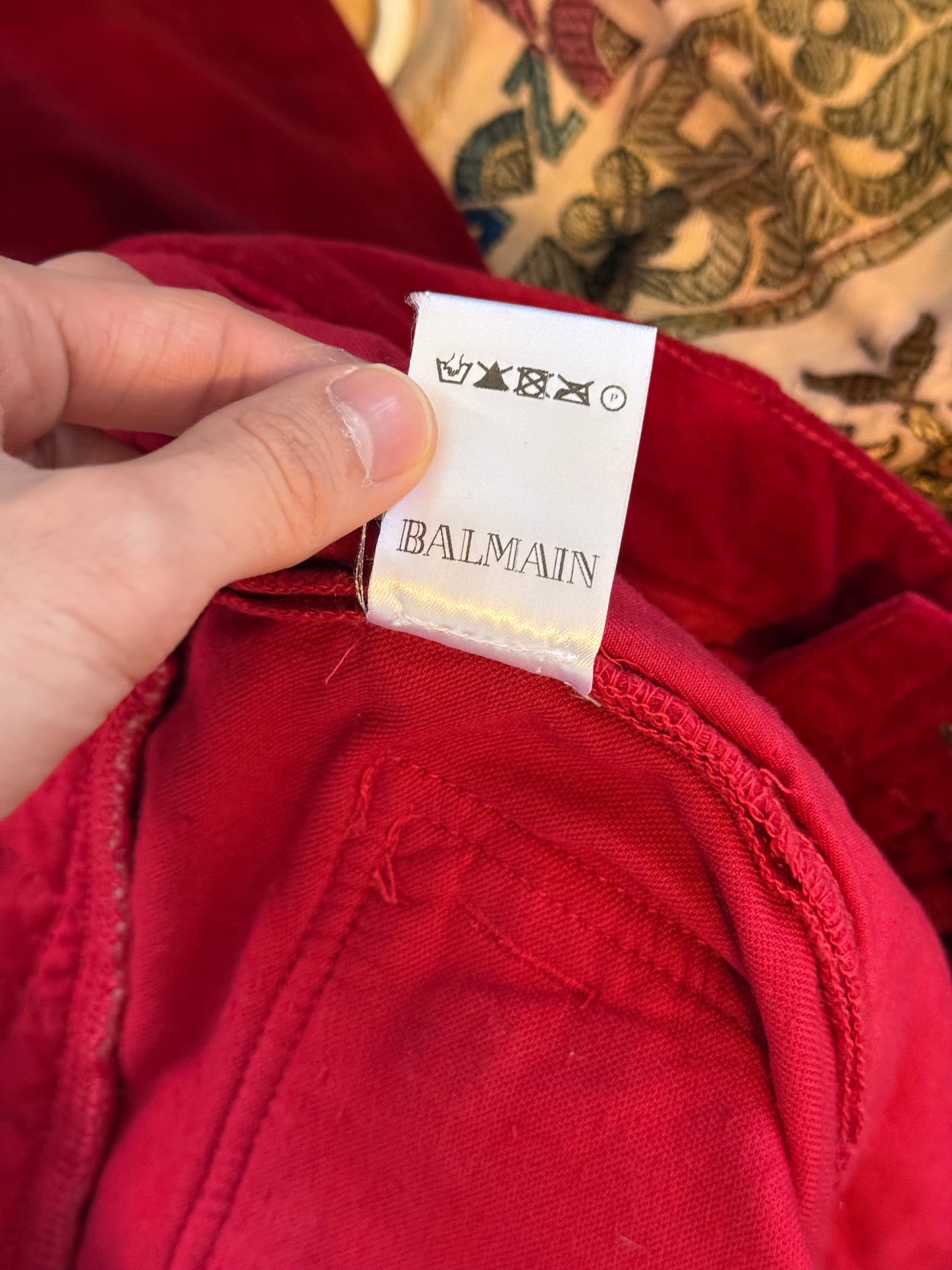 Balmain 12SS waxed red velvet biker pants