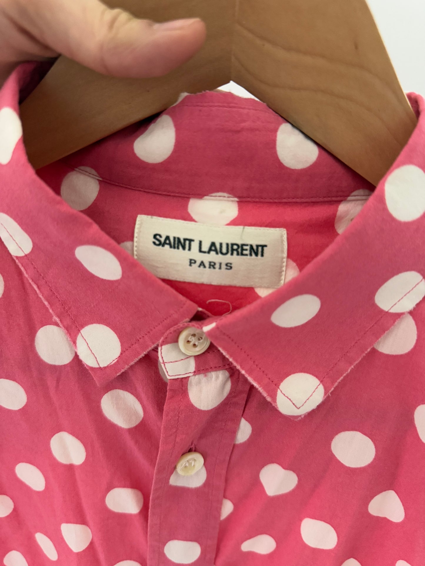 Saint Laurent SS15 pokadot raw hem shirt