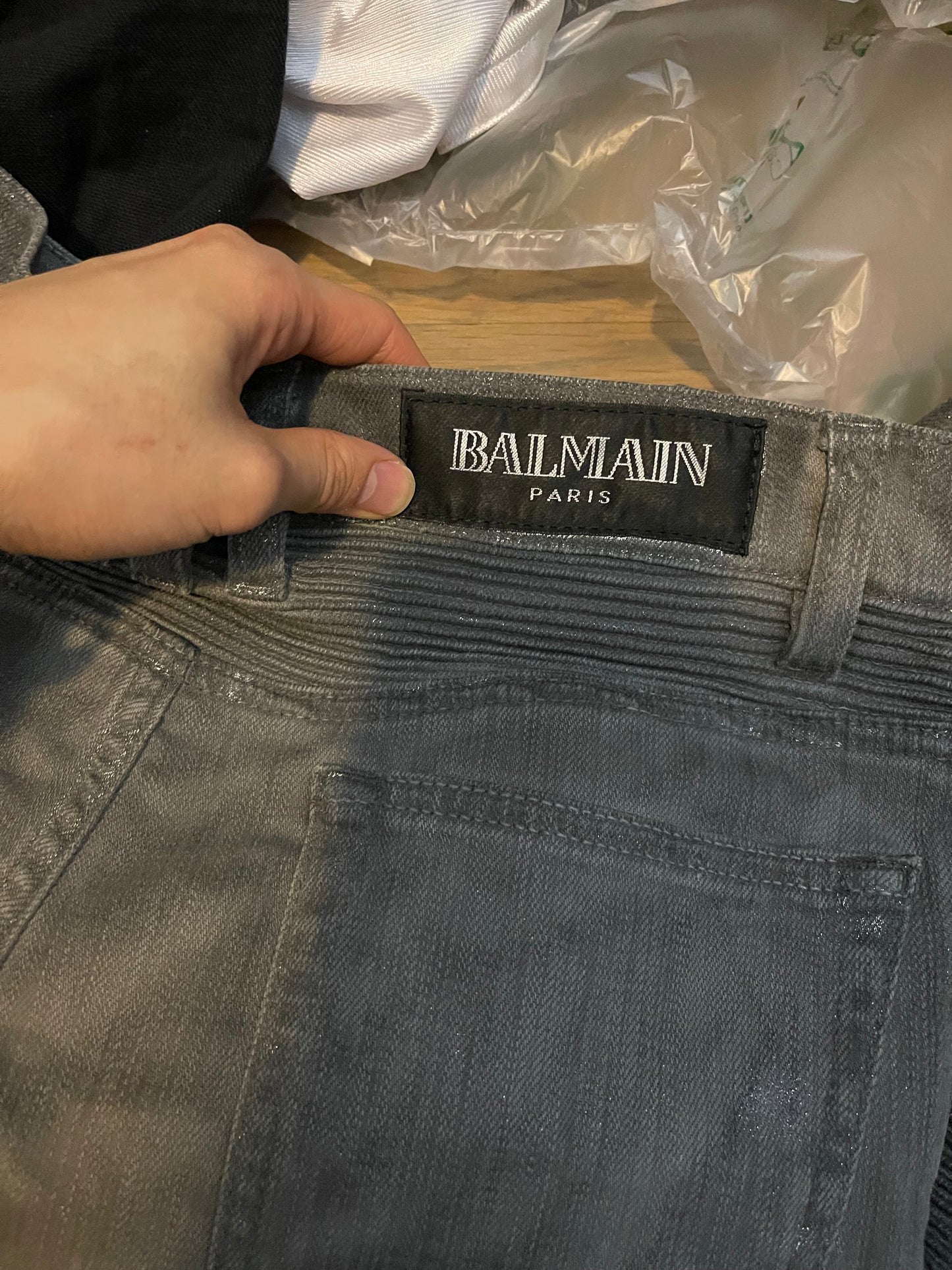 Balmain SS11 silver glitter eagle decarnin moto pants
