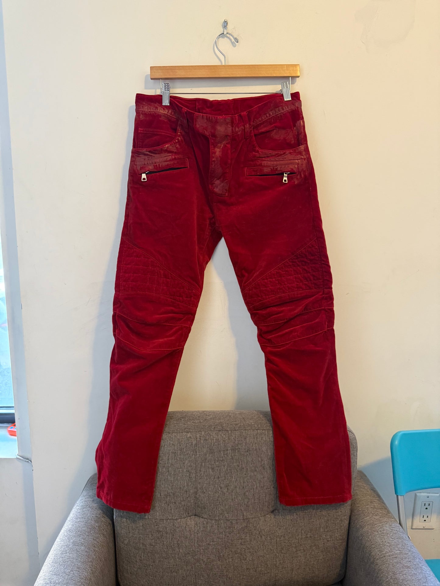 Balmain 12SS waxed red velvet biker pants