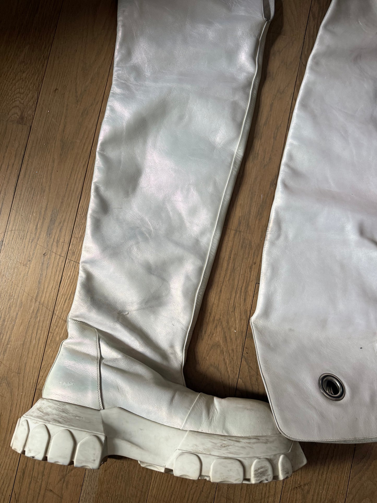 Rick Owens AW20 iridescent sample thigh high tractor boots