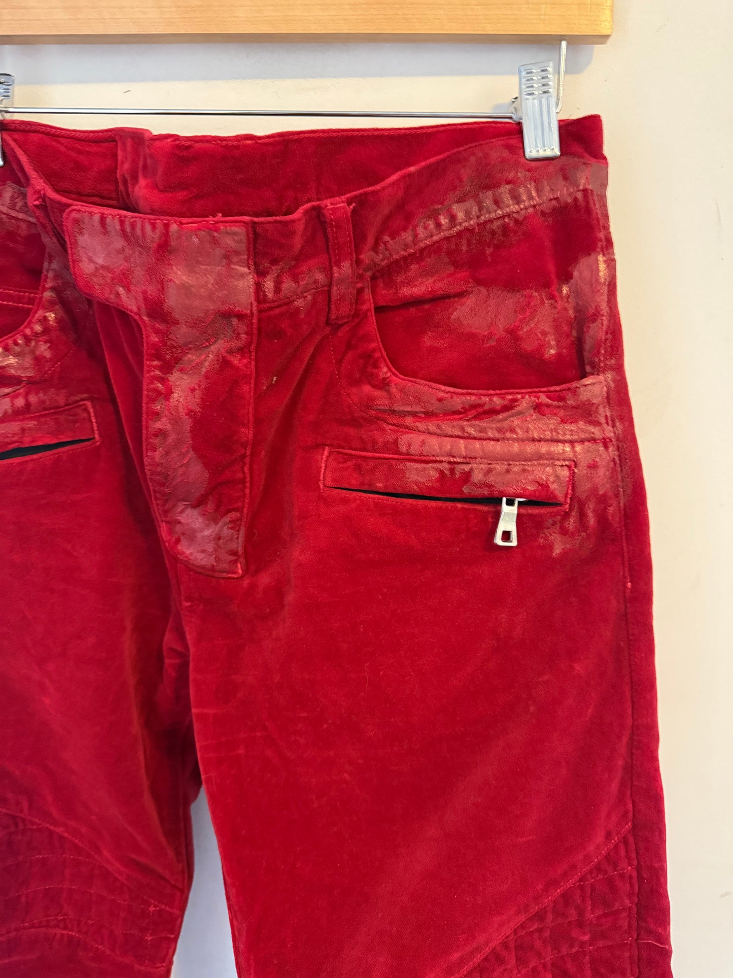 Balmain 12SS waxed red velvet biker pants