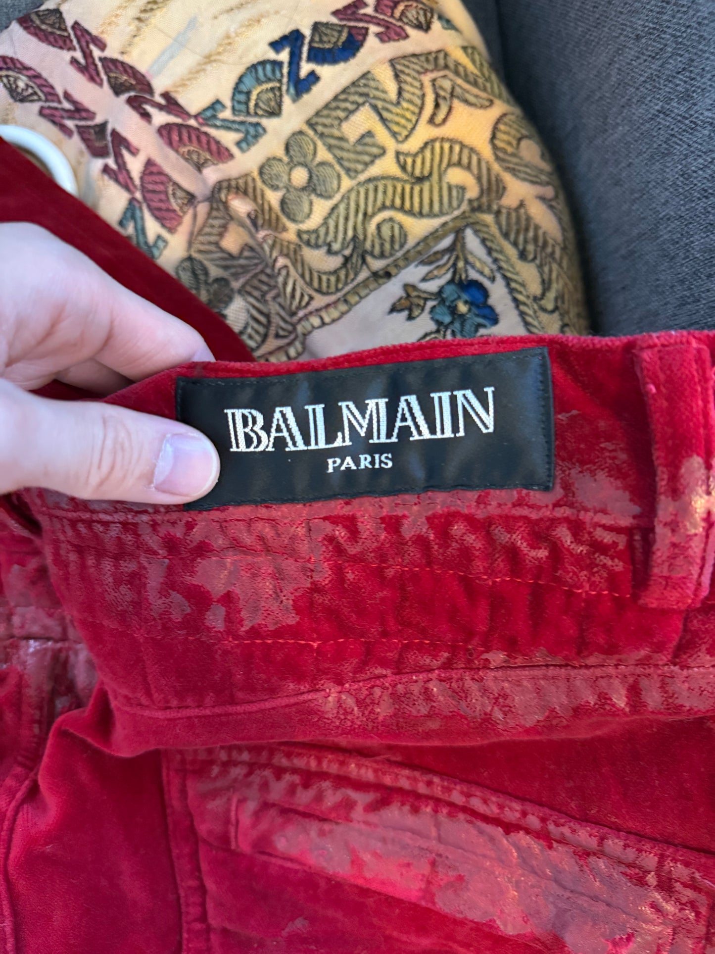 Balmain 12SS waxed red velvet biker pants