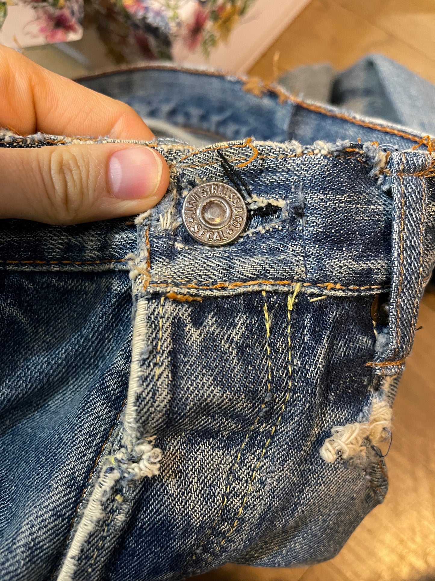 Vintage sashiko repair distressed denim pants