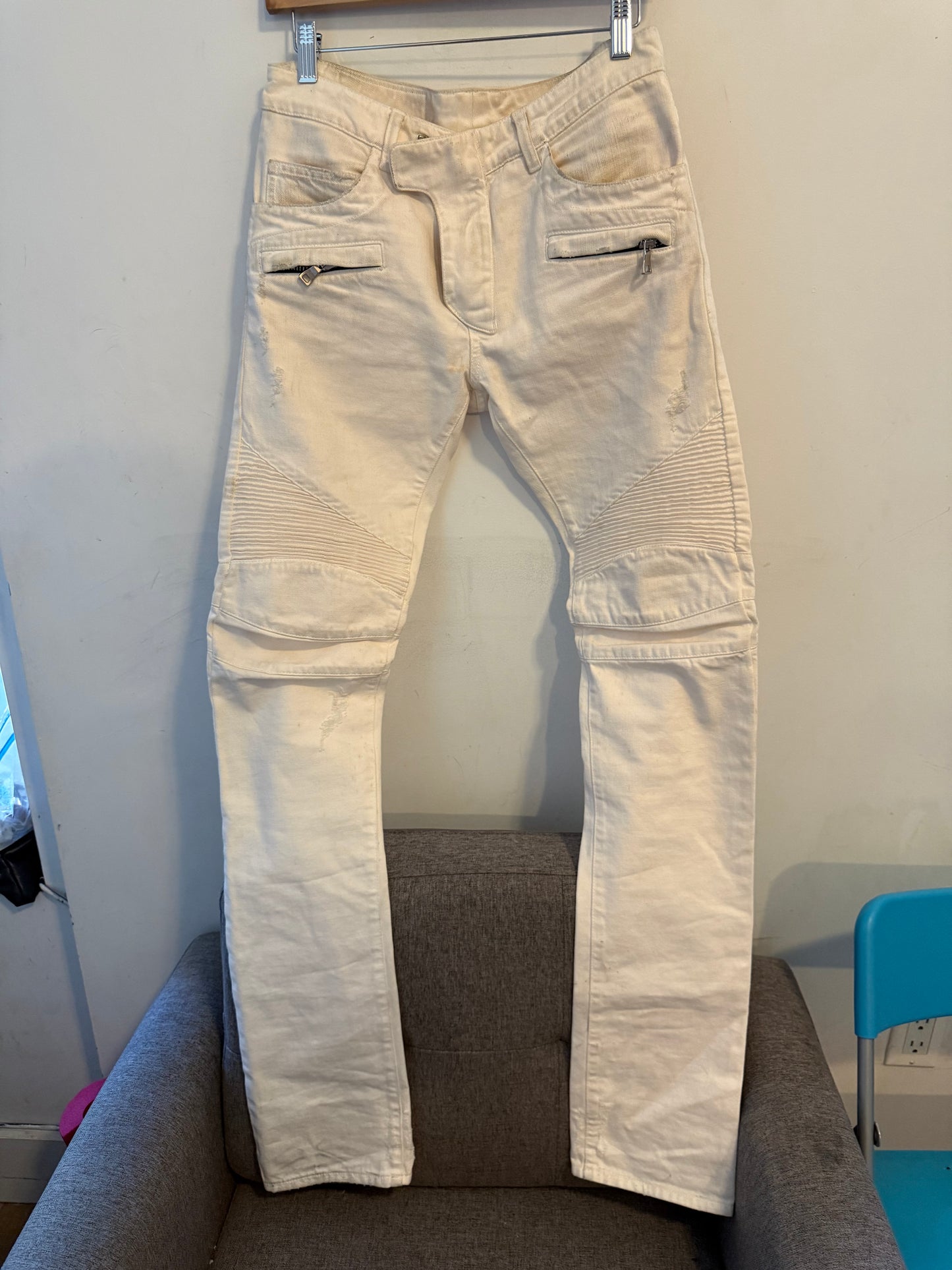 Balmain moto pants full length white denim olivier