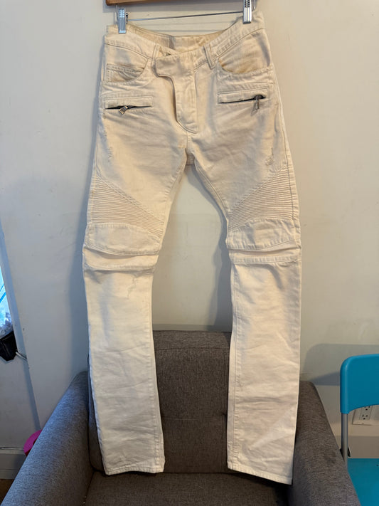 Balmain moto pants full length white denim olivier
