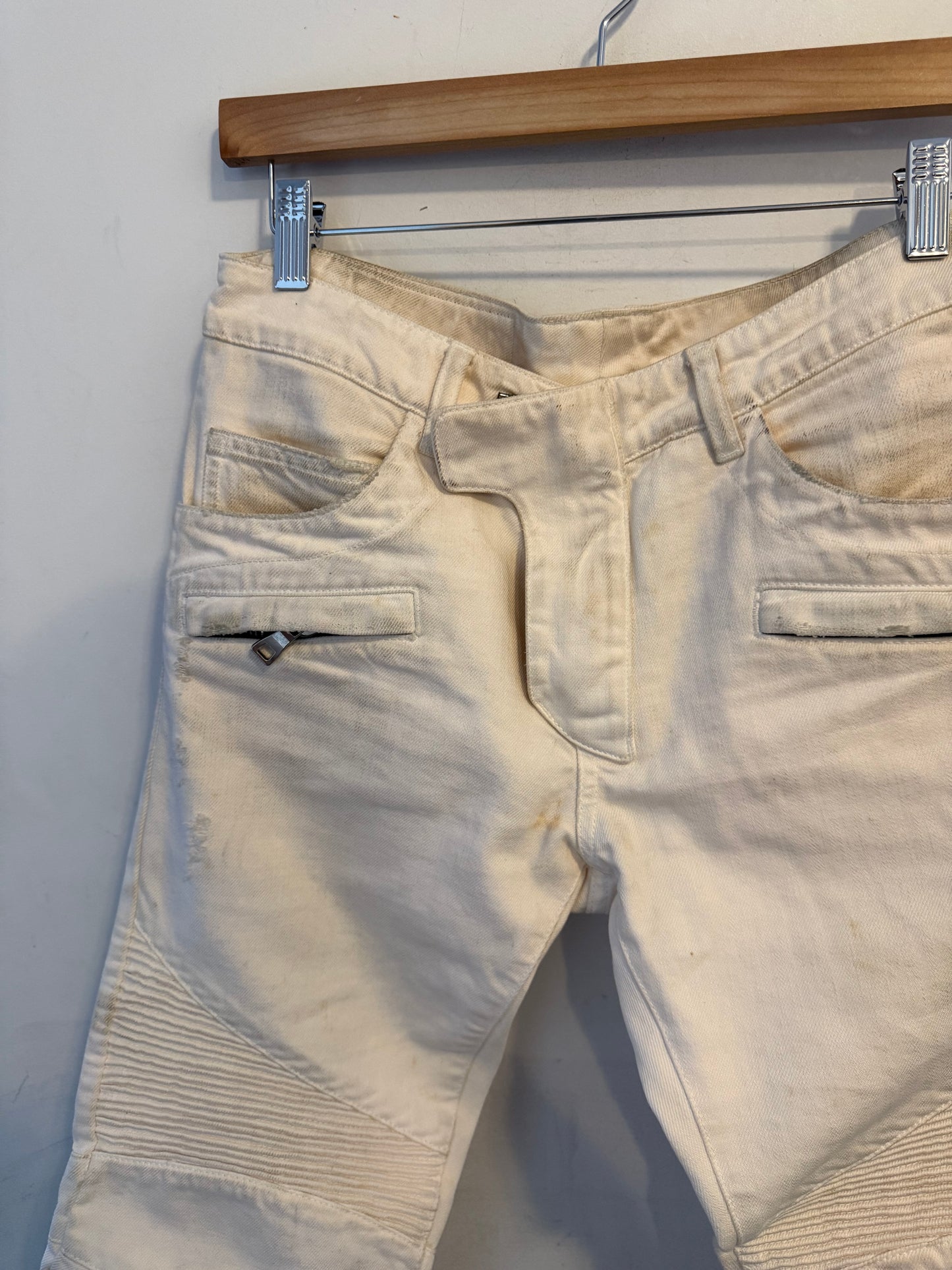 Balmain moto pants full length white denim olivier