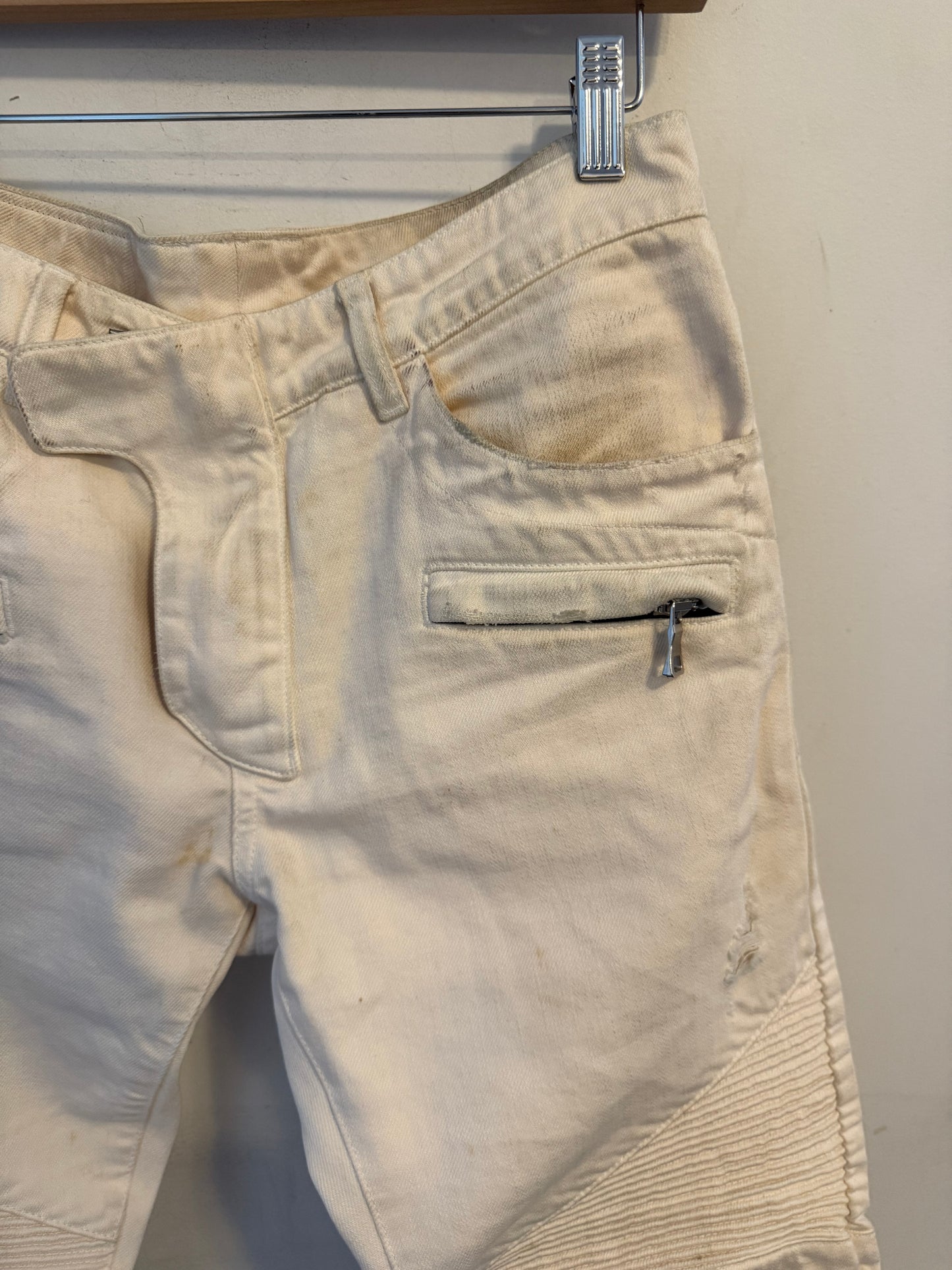 Balmain moto pants full length white denim olivier