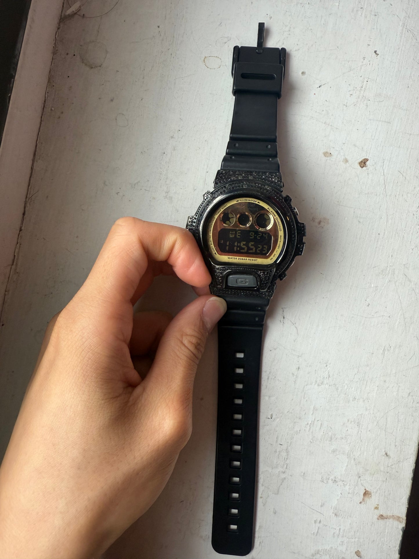 Iced out black diamond g shock DW-6900CB watch