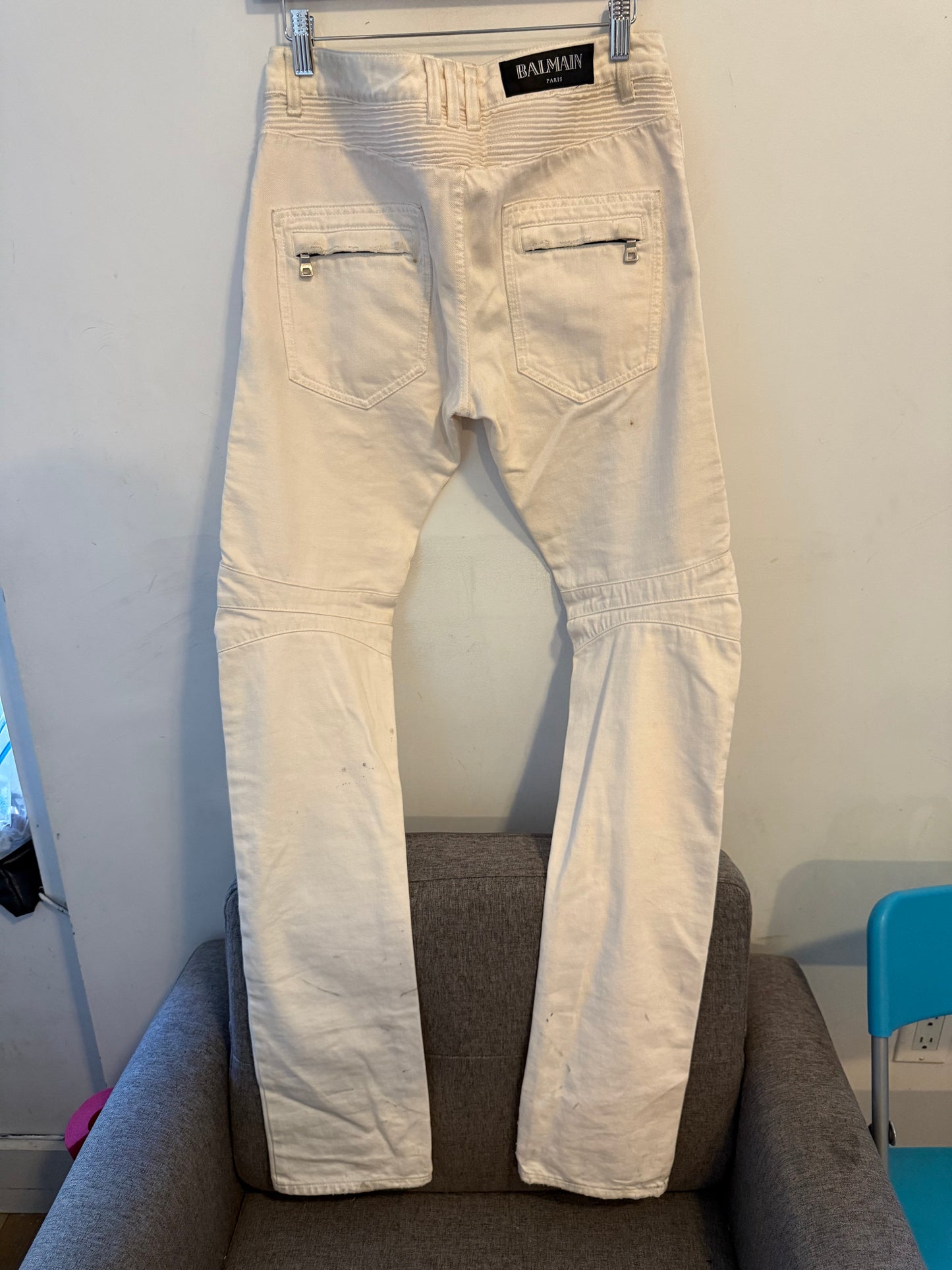 Balmain moto pants full length white denim olivier