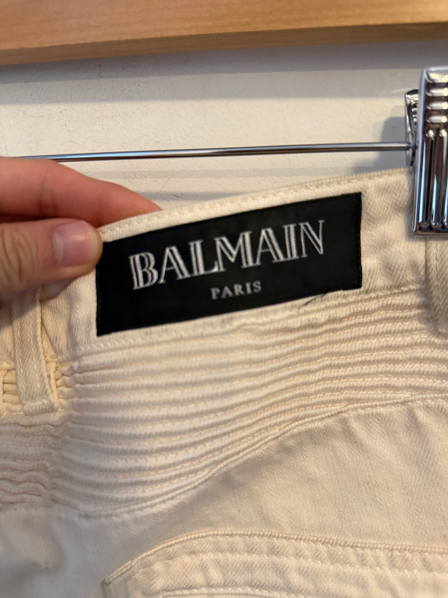 Balmain moto pants full length white denim olivier
