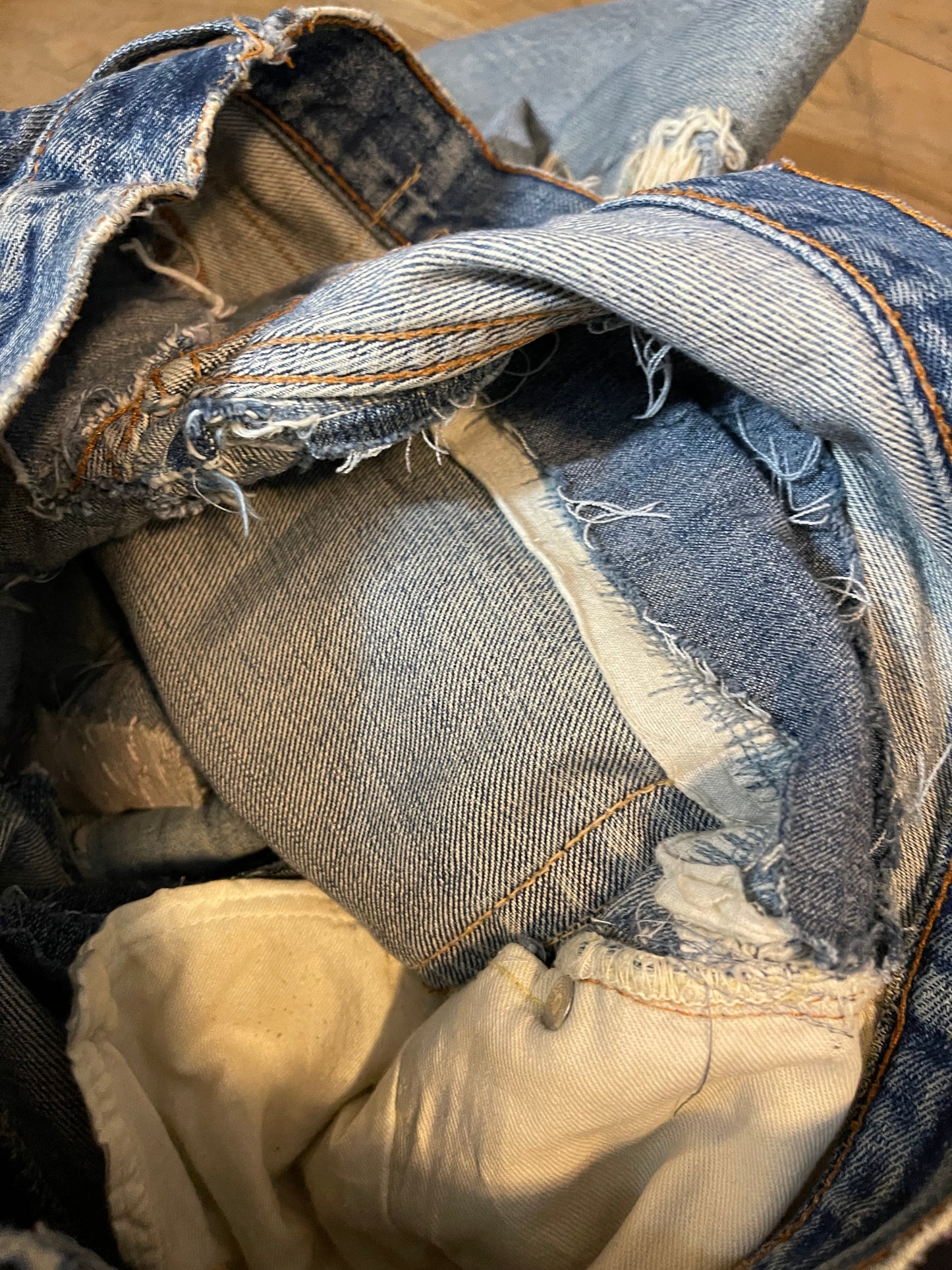 Vintage sashiko repair distressed denim pants