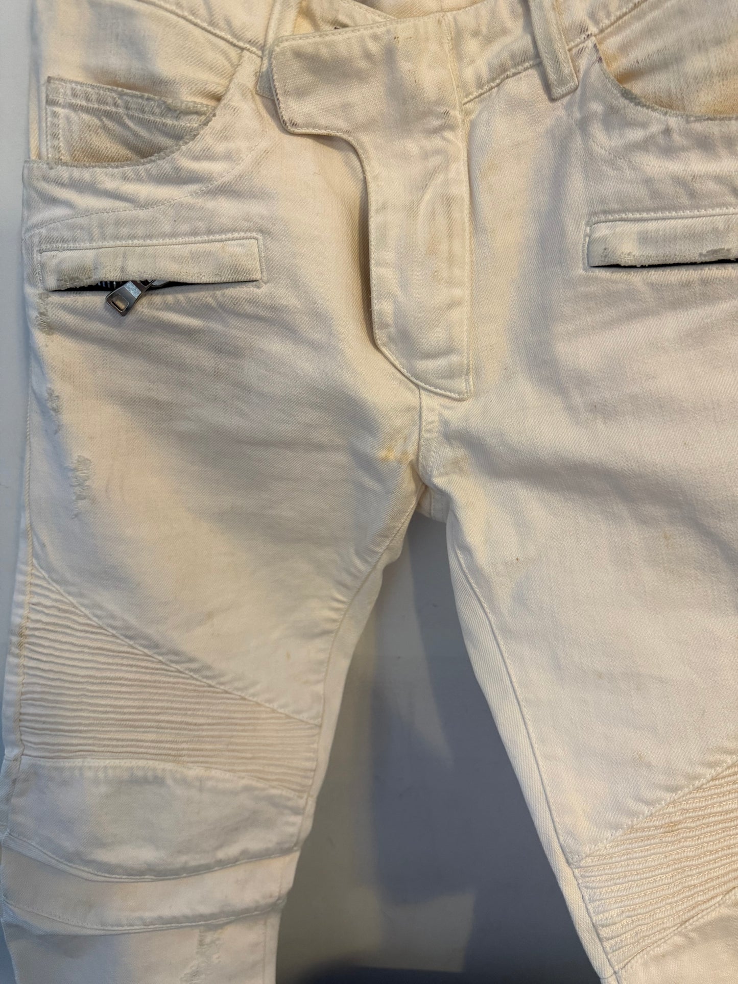 Balmain moto pants full length white denim olivier